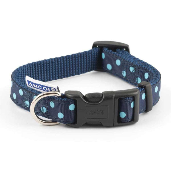 Ancol Adjustable Navy Vintage Polka Dog Collar Nylon-AK Pet Supplies Ltd